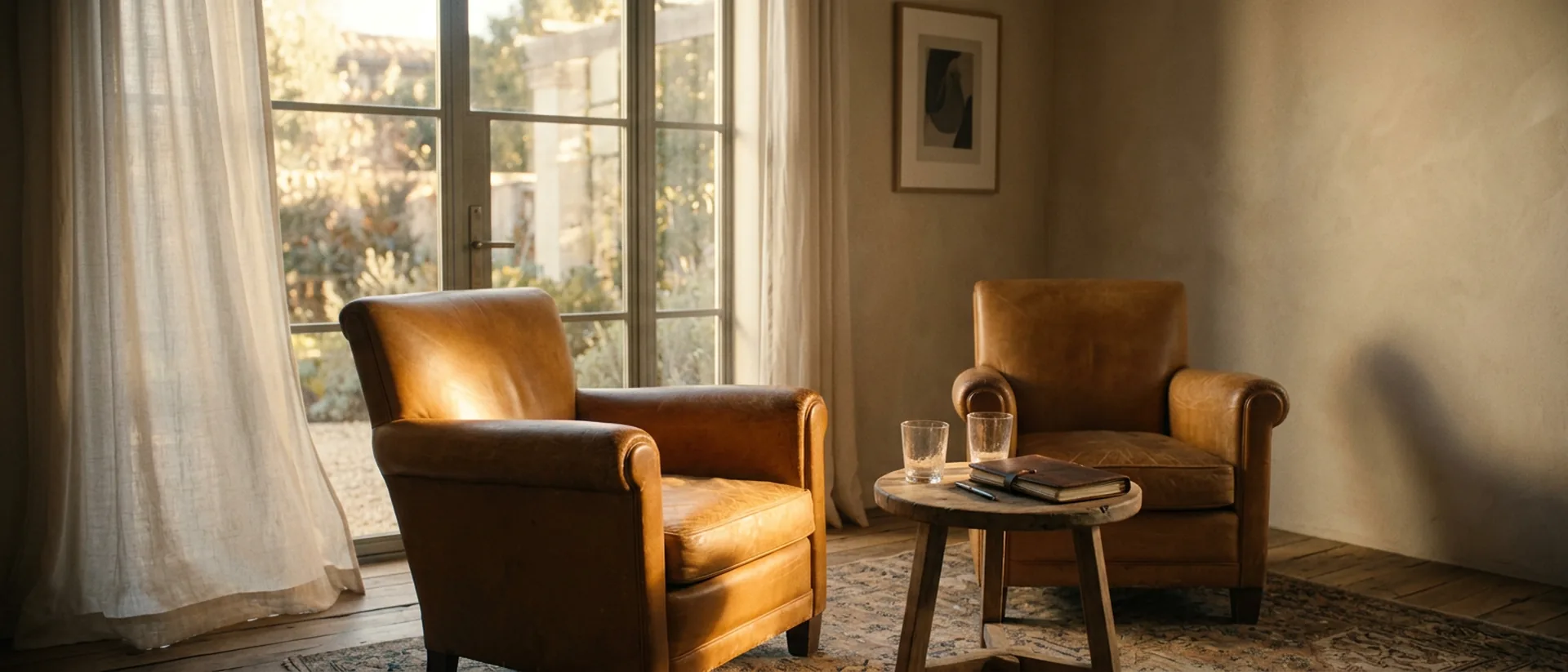 Two chairs angled toward each other by a tall window in warm late light