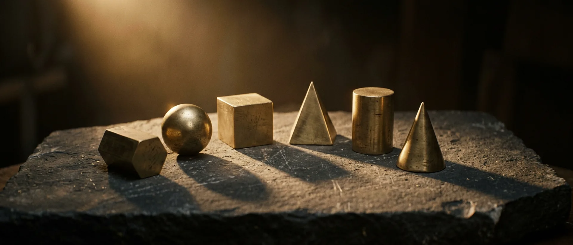 Six brass geometric forms arranged on dark stone in a single beam of light