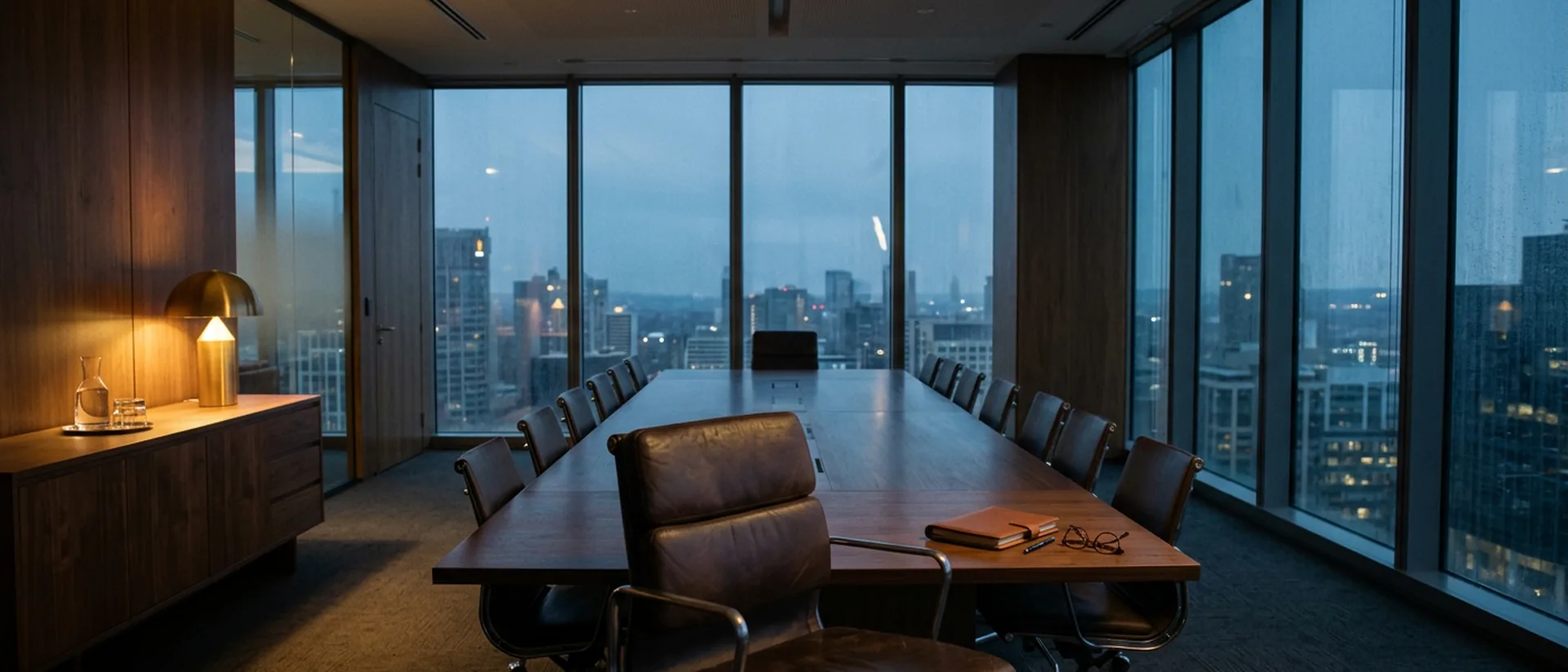 An empty boardroom at dusk with one chair pulled out at the head of the table