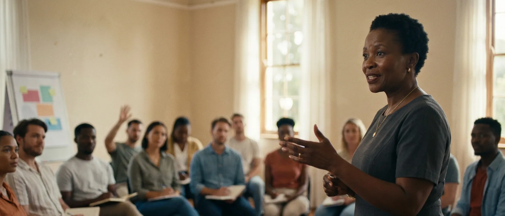 A facilitator leading a leadership cohort in a bright workshop room, the group leaning in