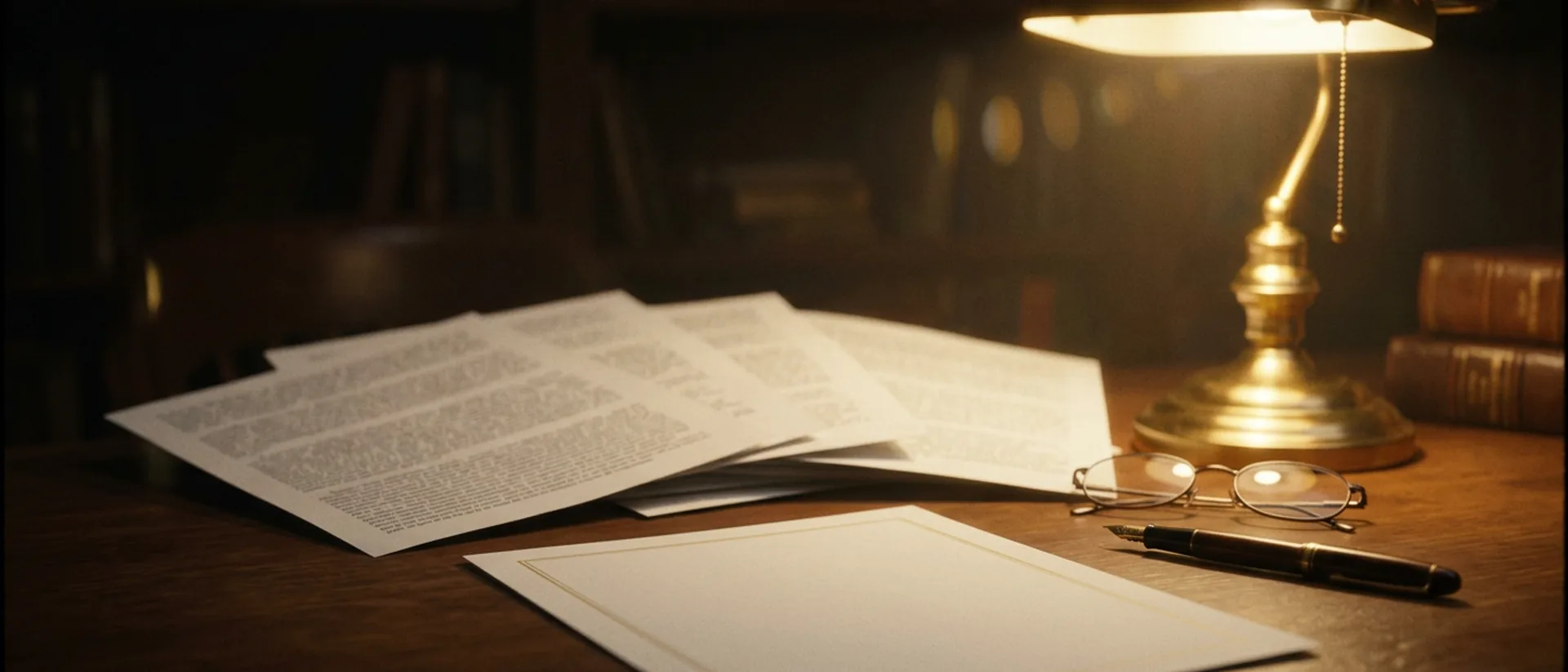 Printed briefing papers fanned across a reading table under a single warm lamp