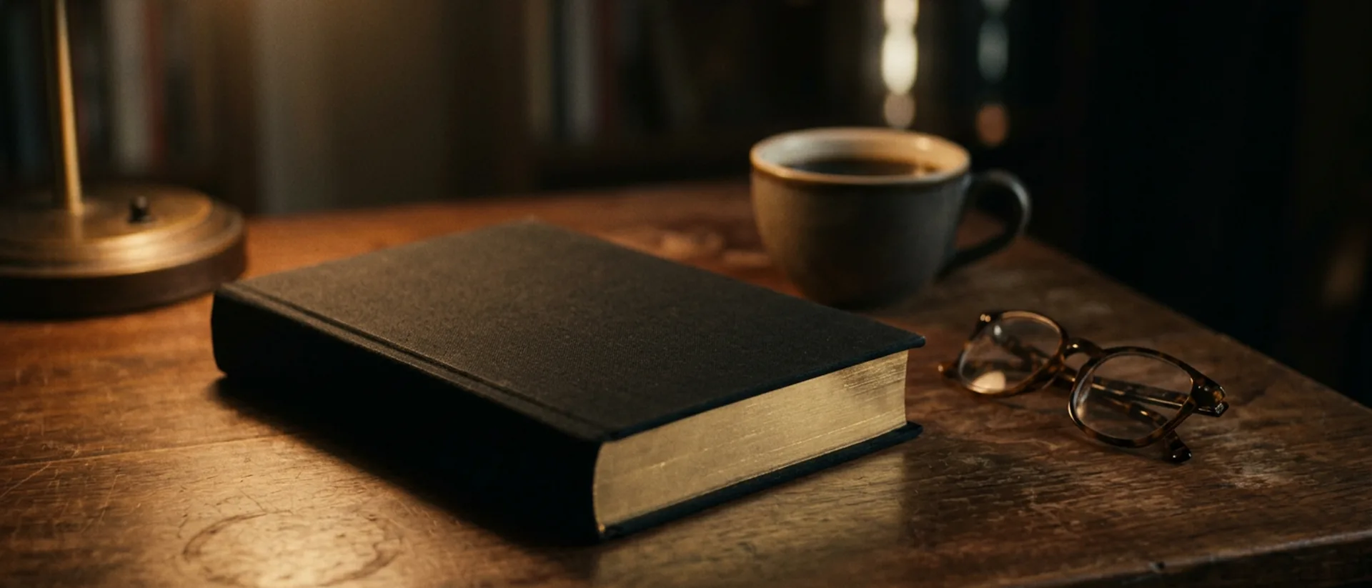 A hardcover book with a gold-edged page block resting on a dark desk beside reading glasses