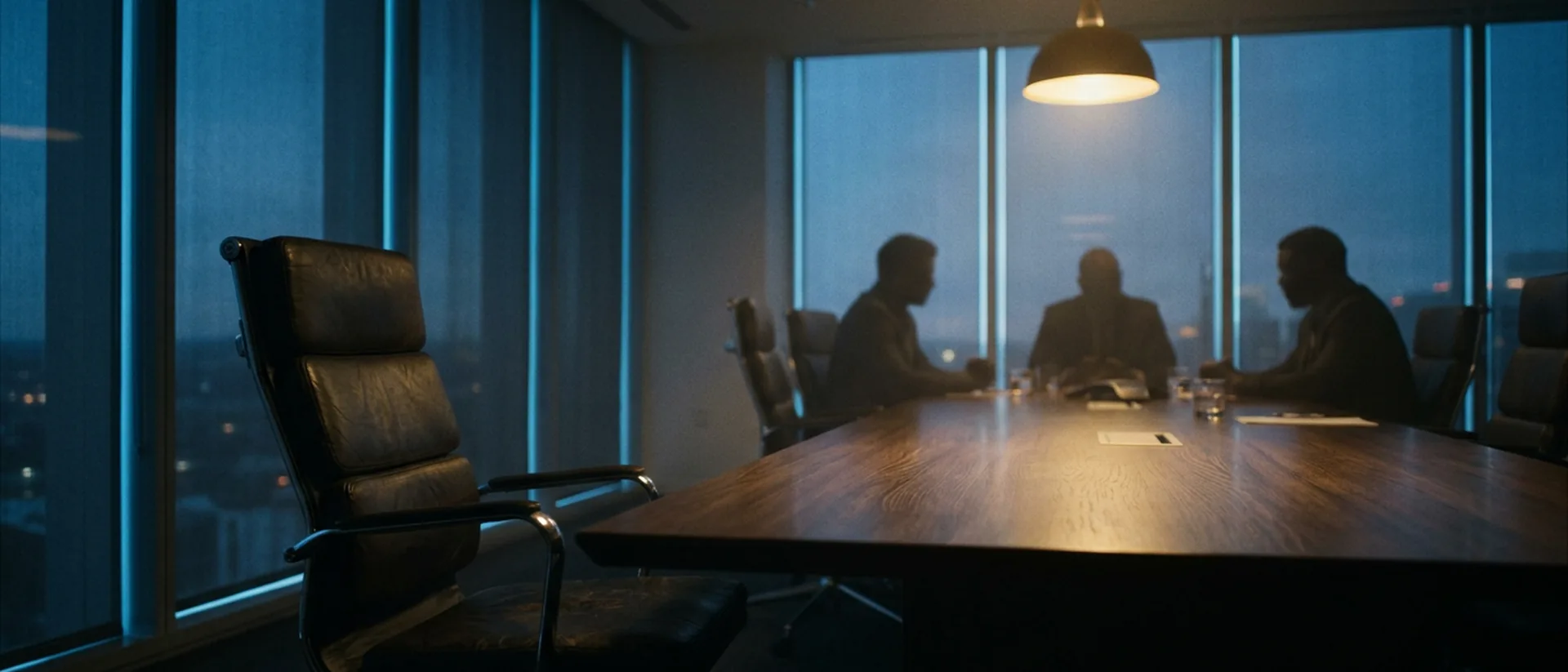 An executive interview panel seen from the candidate's empty chair, a moment of decision held in a dim boardroom